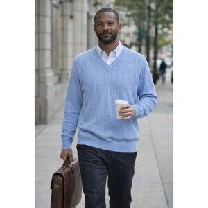 Vtg Kilburne & Finch Men's XL Blue Cable Knit Lightweight V-Neck Sweater Preppy